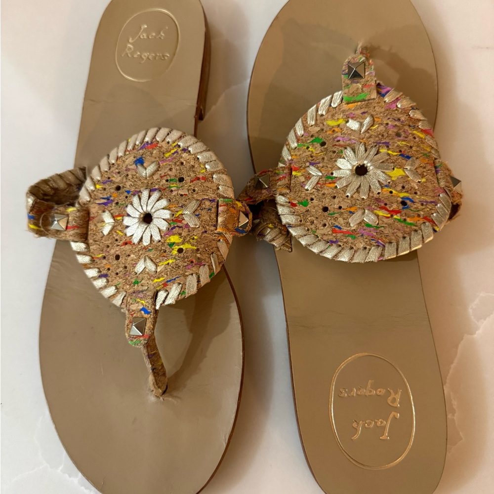 Jack Rogers Georgica Gold Leather Cork-Accent Multicolor Sandals